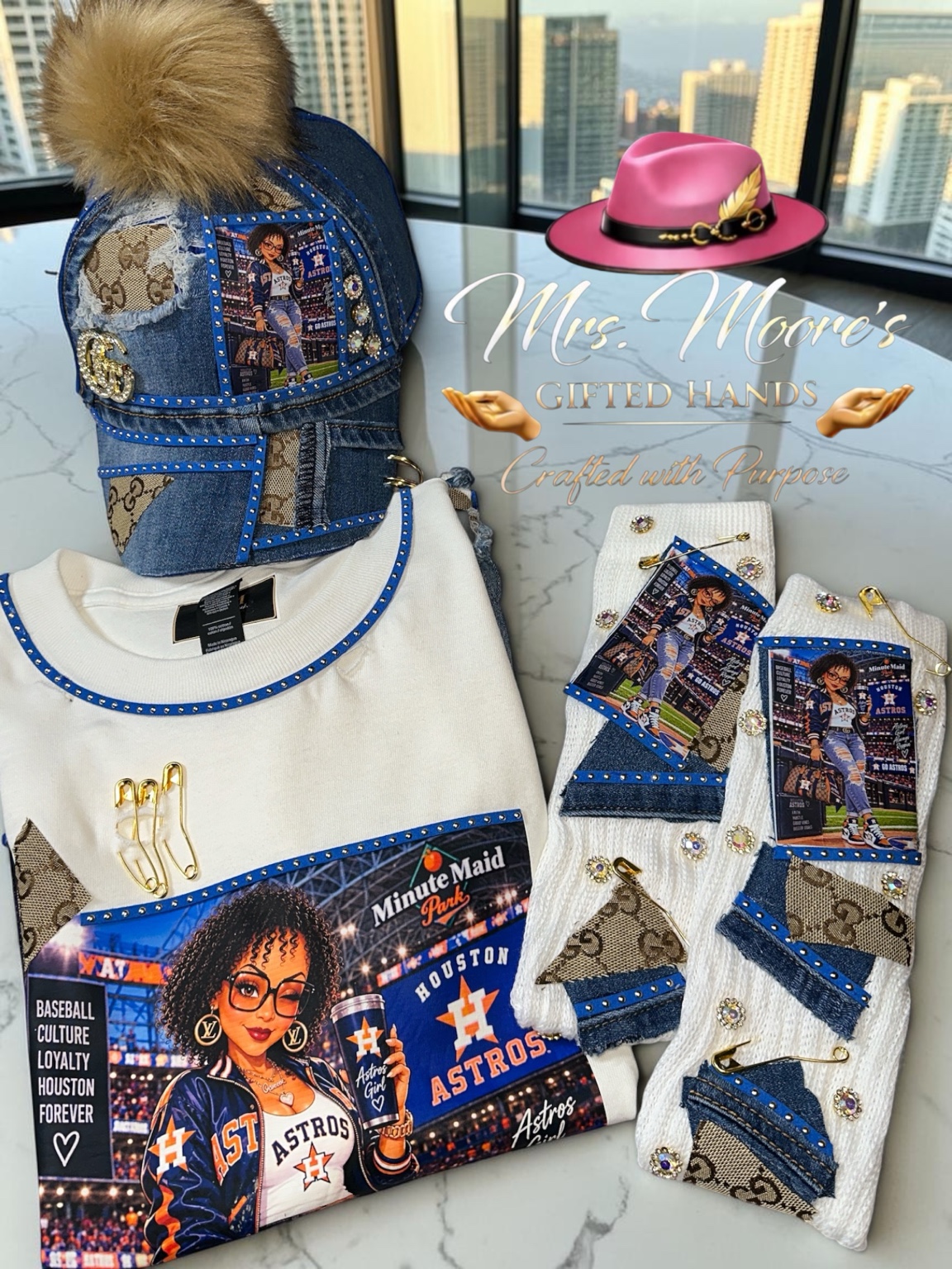 Blue and white custom three-piece sports art set with decorated cap, shirt and matching socks