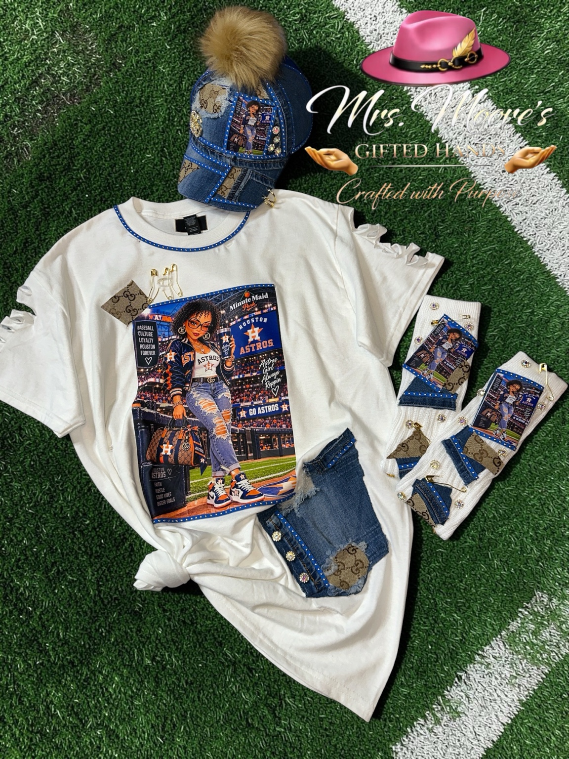 White and blue custom three-piece art set displayed with cap, shirt and matching socks
