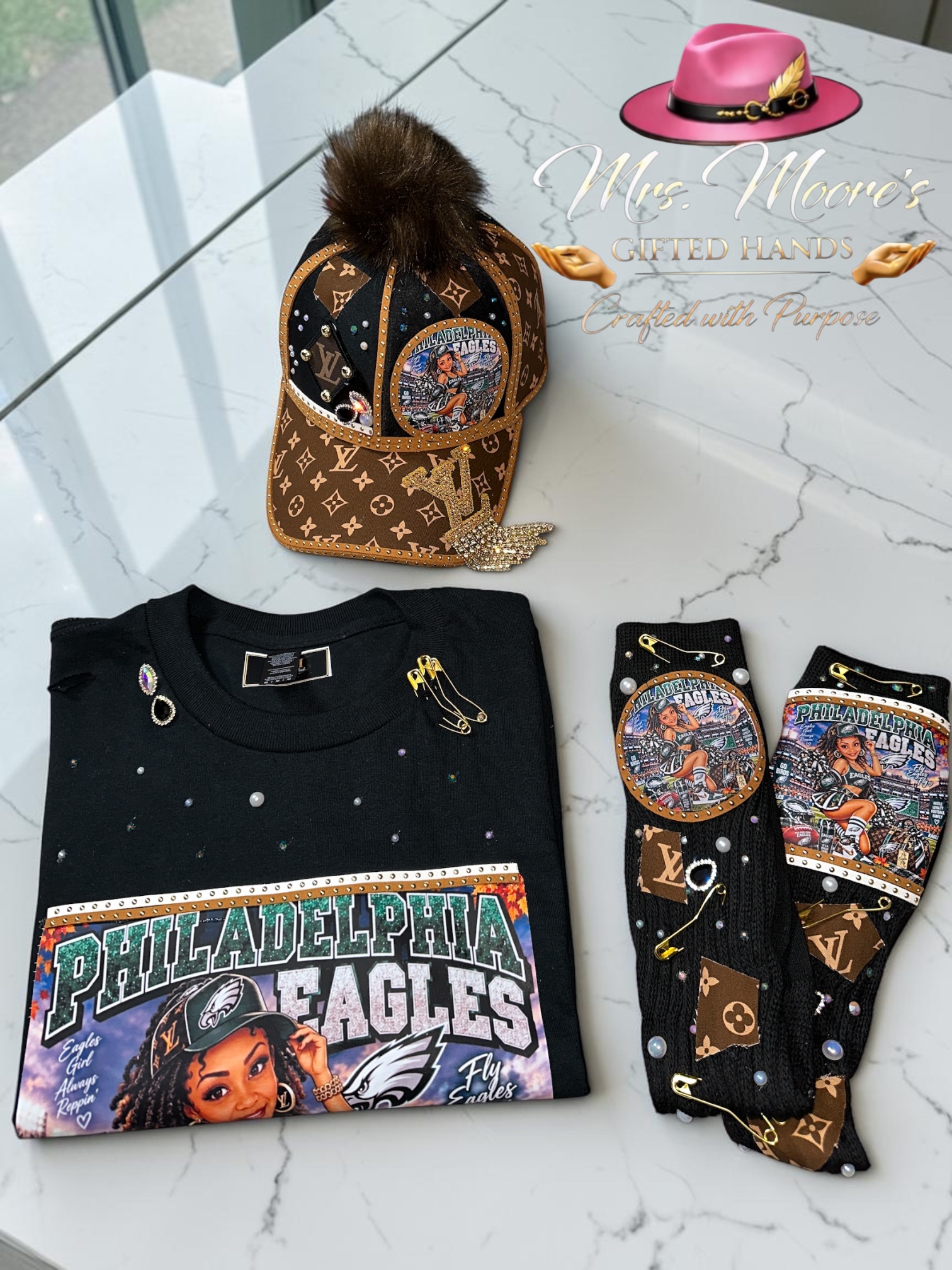 Black and brown custom three-piece sports art set with decorated cap, shirt and matching socks