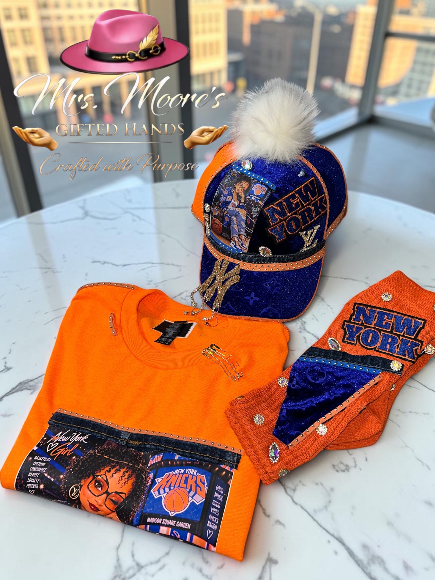 Orange and blue custom three-piece art set with decorated cap, shirt and matching socks
