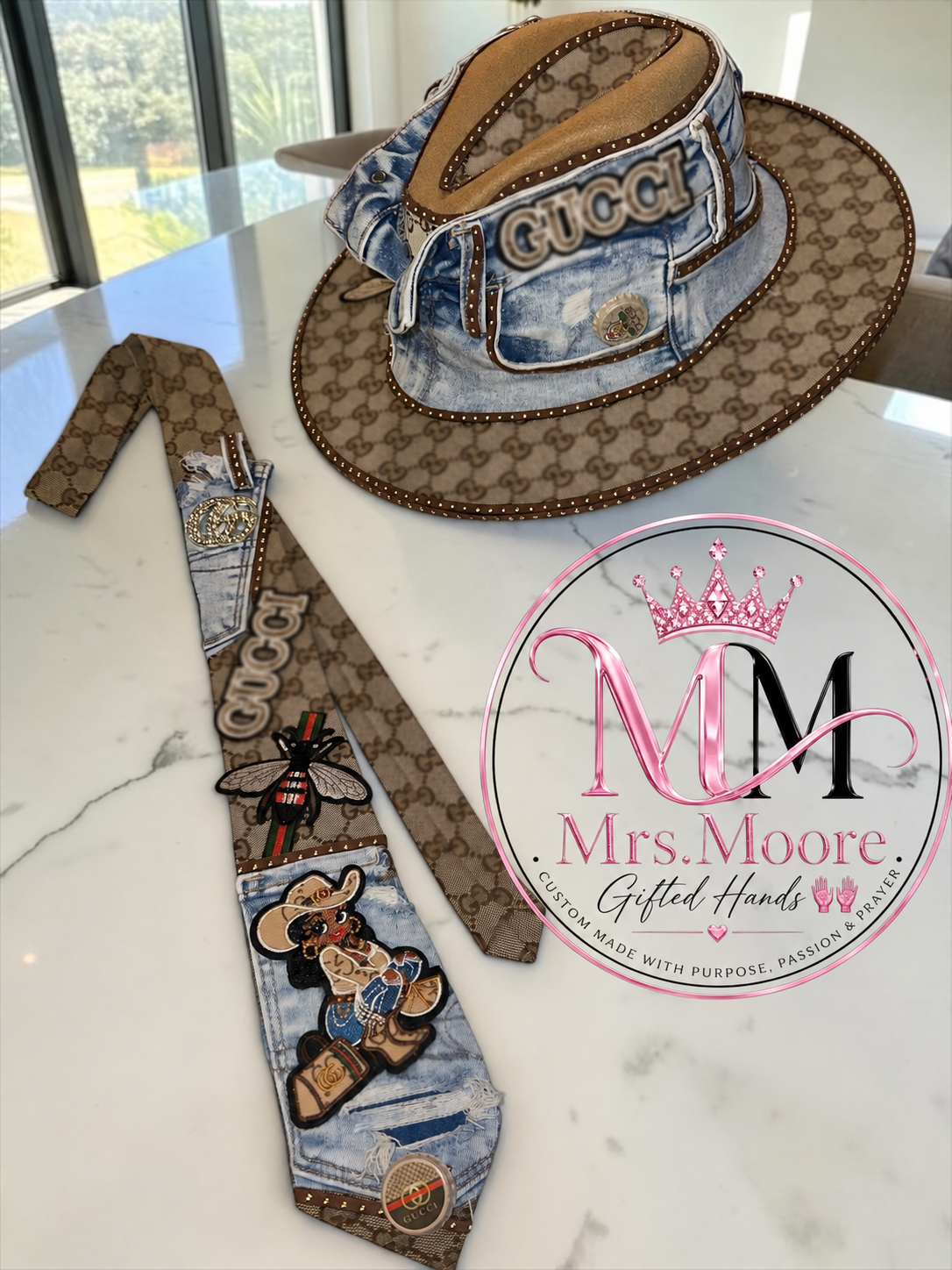 Custom denim and brown patterned fedora with matching handmade tie