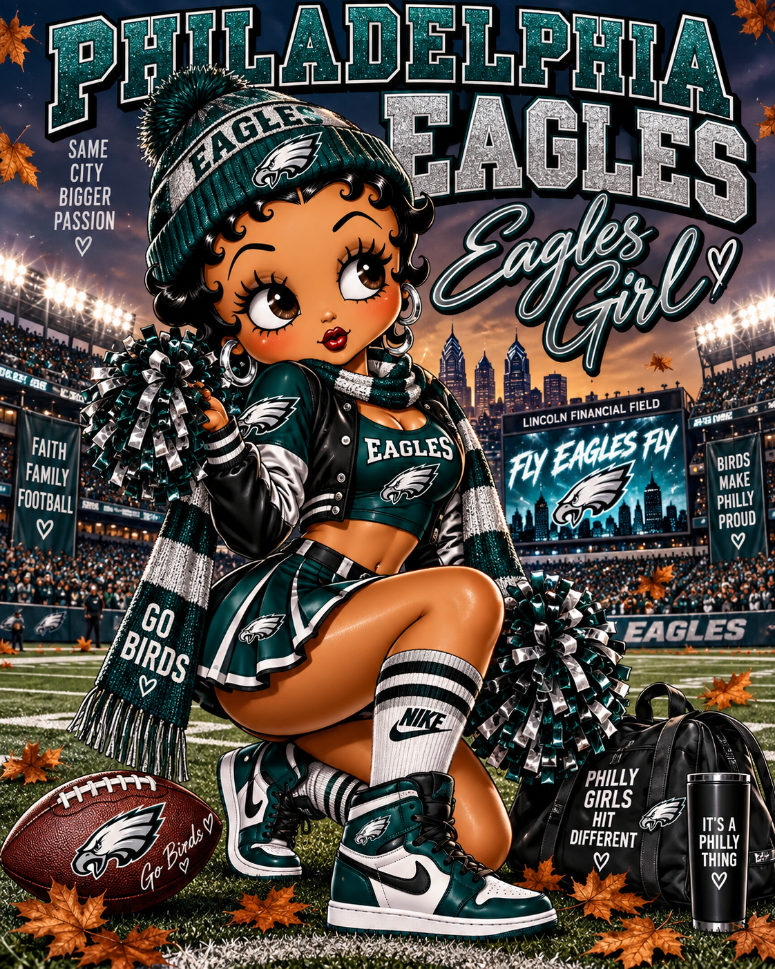 Custom Philadelphia Eagles cheerleader football artwork