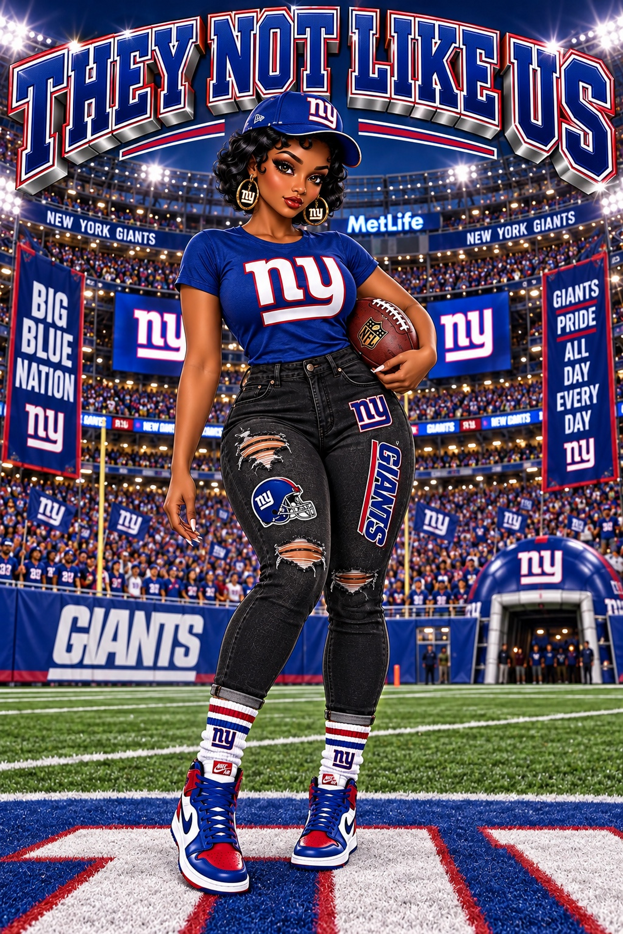 Custom New York Giants football artwork with an animated woman standing on the field
